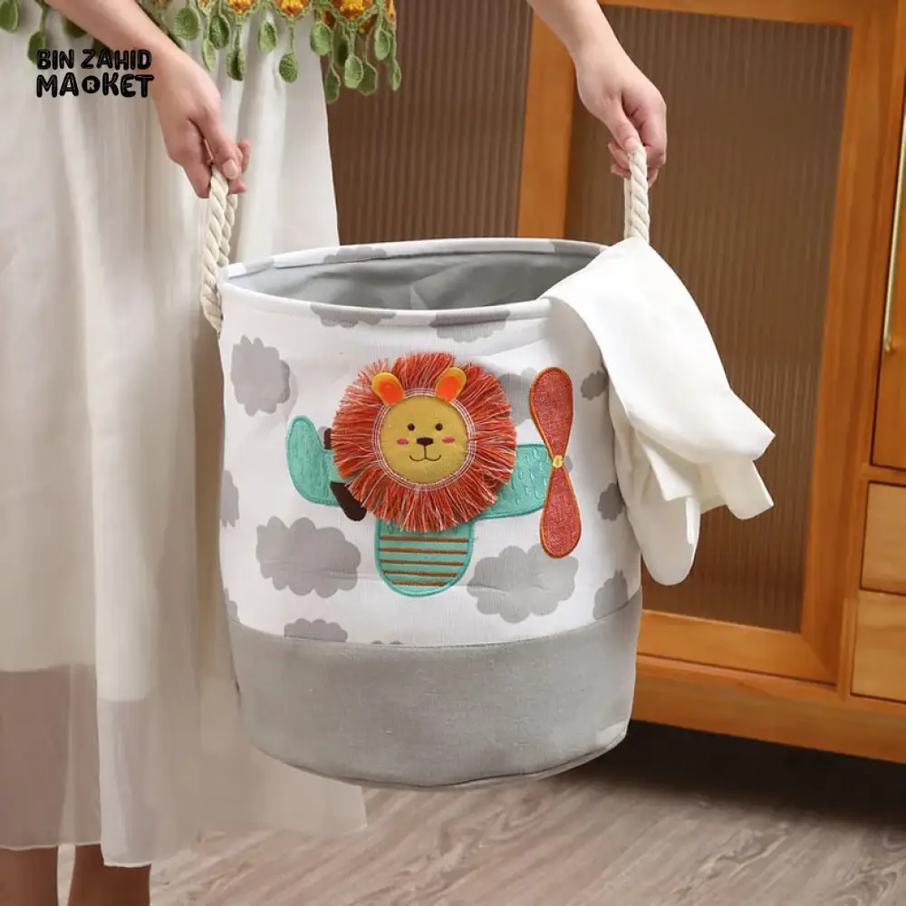 PREMIUM FOLDABLE LAUNDRY & TOY STORAGE BASKET – CUTE CARTOON ANIMAL MULTIPURPOSE ORGANIZER BIN - LION