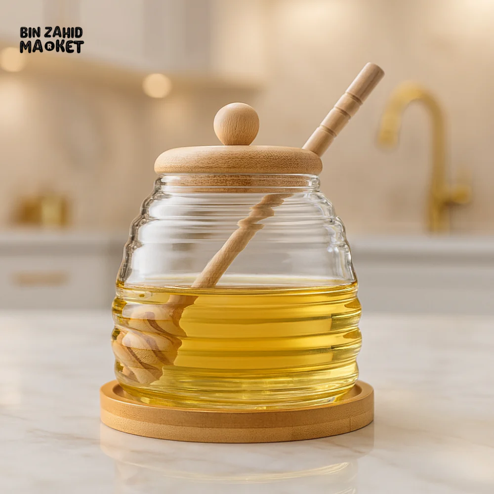 PREMIUM GLASS HONEY JAR WITH WOODEN DIPPER –  HEAT-RESISTANT TRANSPARENT CONTAINER FOR HONEY & SYRUP STORAGE
