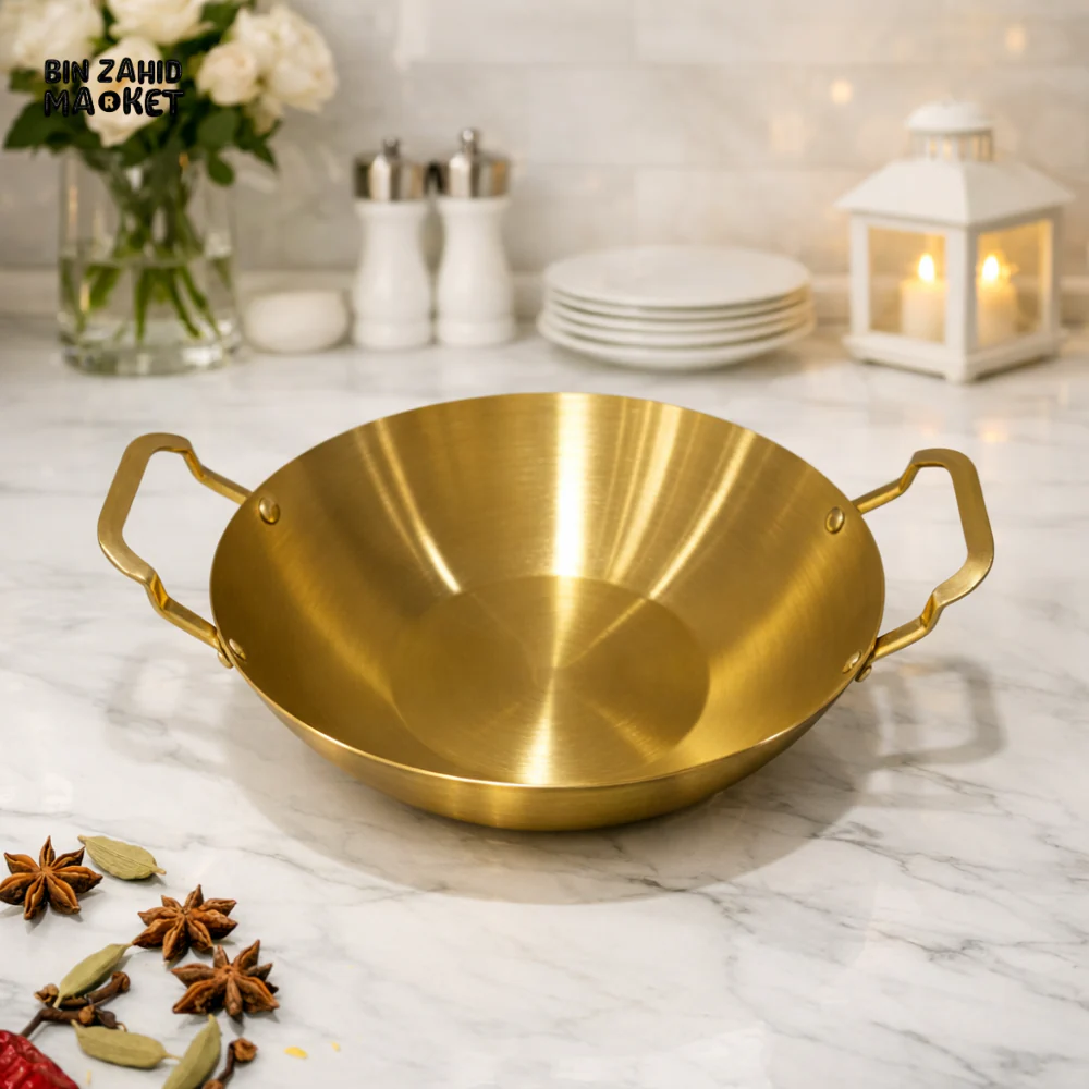 PREMIUM GOLD FINISH STAINLESS STEEL KADAI – MODERN KITCHEN WOK