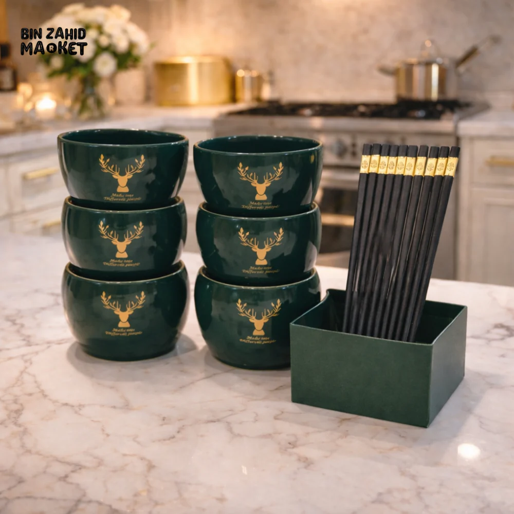 PREMIUM GREEN CERAMIC BOWL & CHOPSTICKS SET – CLASSIC KITCHEN DINING COLLECTION