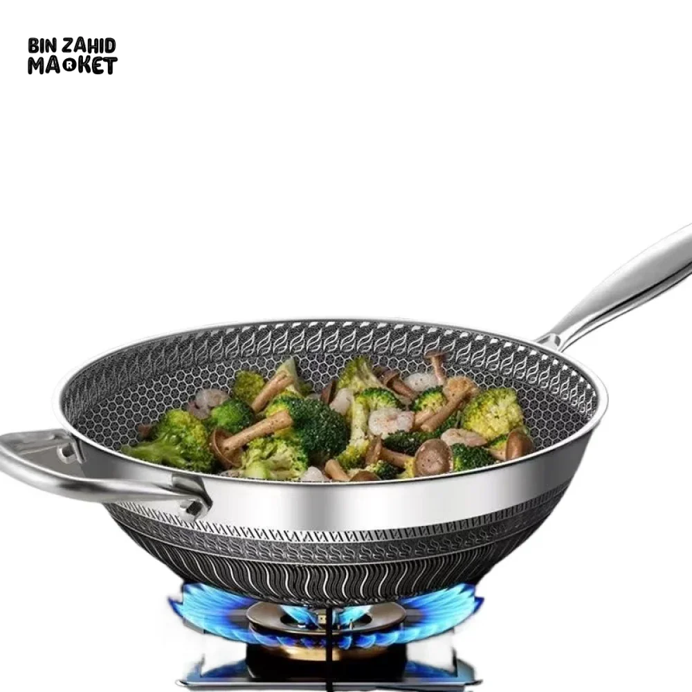 PREMIUM HONEYCOMB WOK 316 STAINLESS STEEL NON-STICK GAS & INDUCTION READY - Image 3