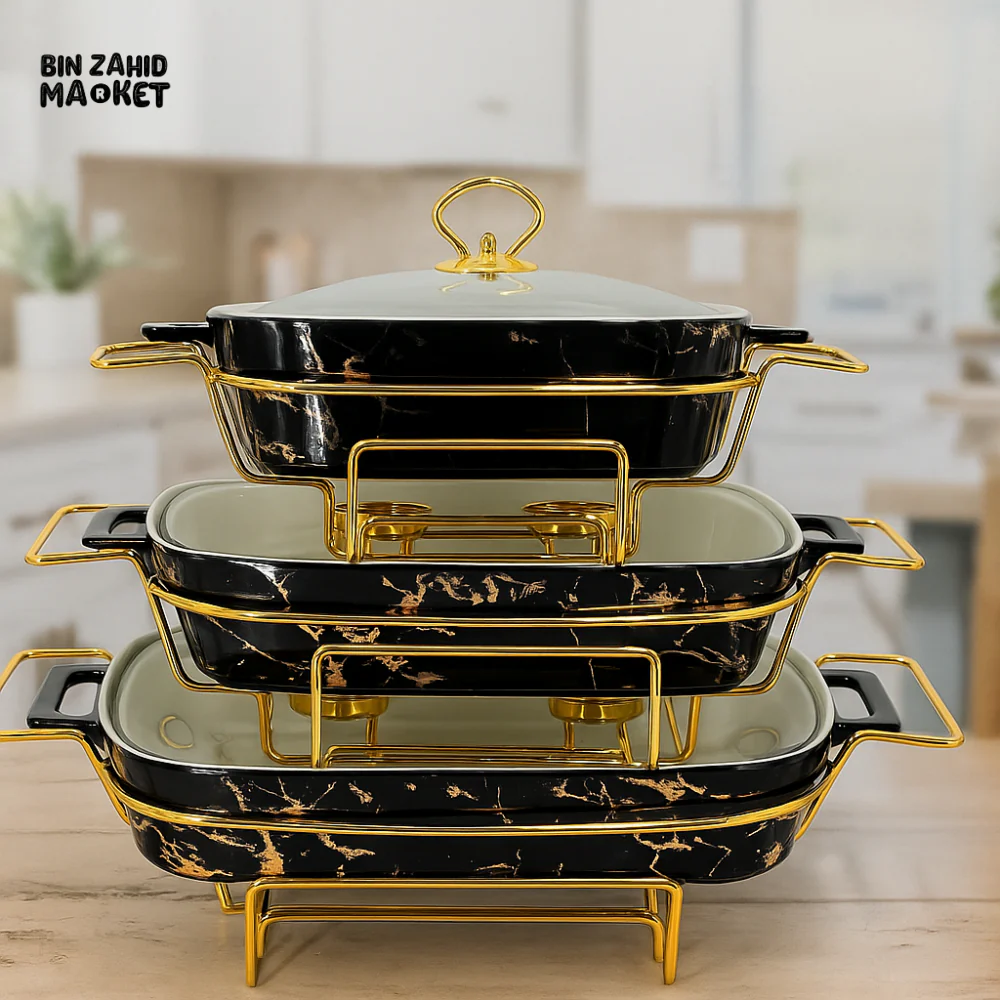 PREMIUM MARBLE CERAMIC CASSEROLE SET WITH GOLD STAND – BUFFET & DINING SERVER - BLACK MARBLE