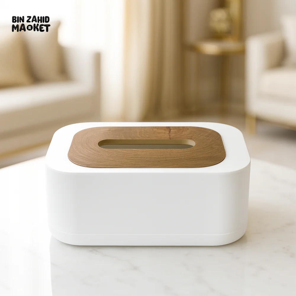 PREMIUM NORDIC TISSUE DISPENSER – MINIMAL WHITE BODY WITH WOOD GRAIN TOP - WHITE