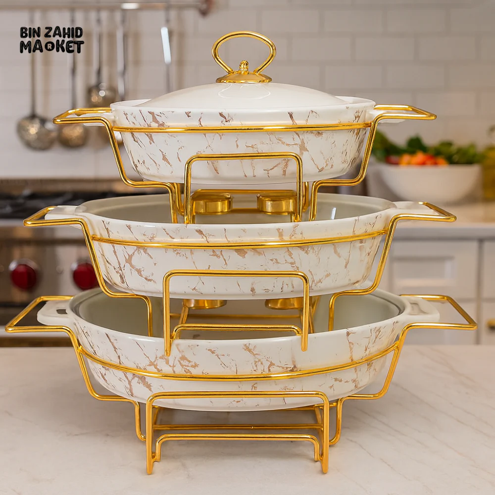 PREMIUM OVAL MARBLE SERVING DISH SET WITH GOLD RACK - WHITE MARBLE