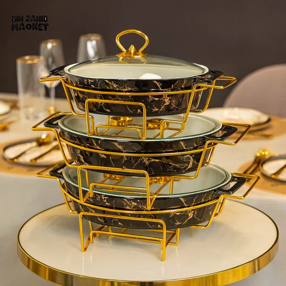 PREMIUM OVAL MARBLE SERVING DISH SET WITH GOLD RACK - BLACK MARBLE