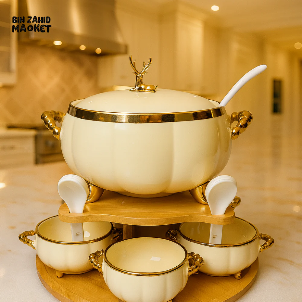 PREMIUM PORCELAIN SOUP SERVER 16PIECES – DEER KNOB LID, LADLE & MATCHING BOWLS - CREAM