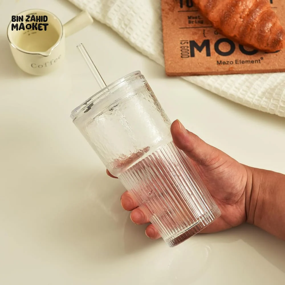 PREMIUM RIBBED CLEAR TUMBLER WITH LID & STRAW – LUXURY ICED MATCHA & COLD DRINK CUP FOR MODERN LIFESTYLE - Image 3