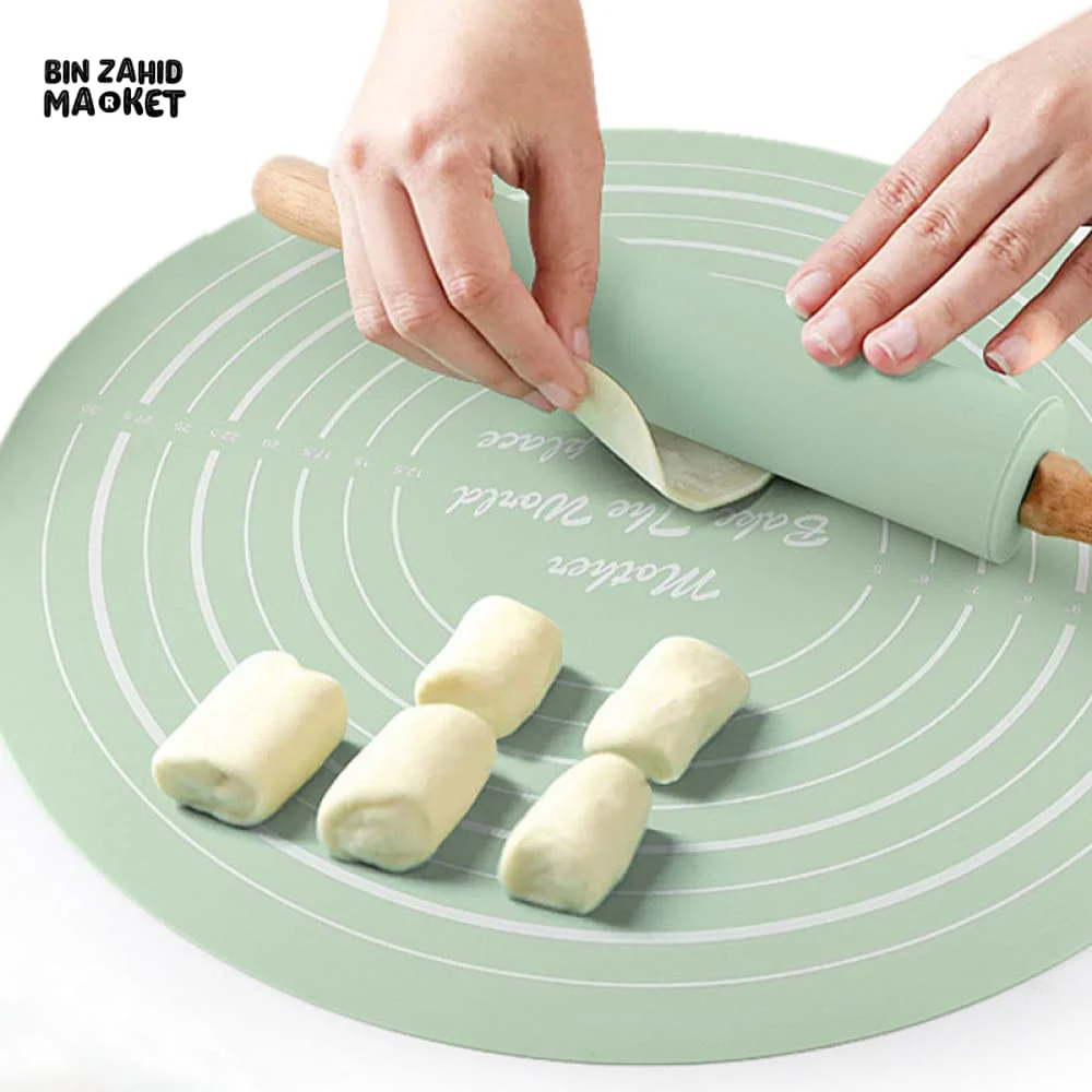 PREMIUM SILICONE BAKING MAT WITH WOODEN HANDLE ROLLING PIN – NON-STICK DOUGH SET - Image 2