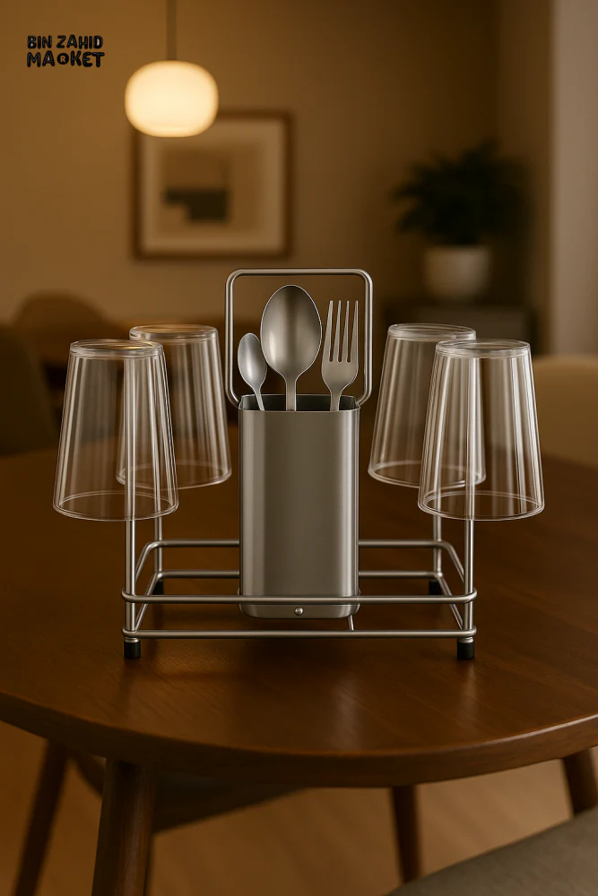 PREMIUM STAINLESS STEEL 6-GLASS & CUTLERY HOLDER STAND - Image 2