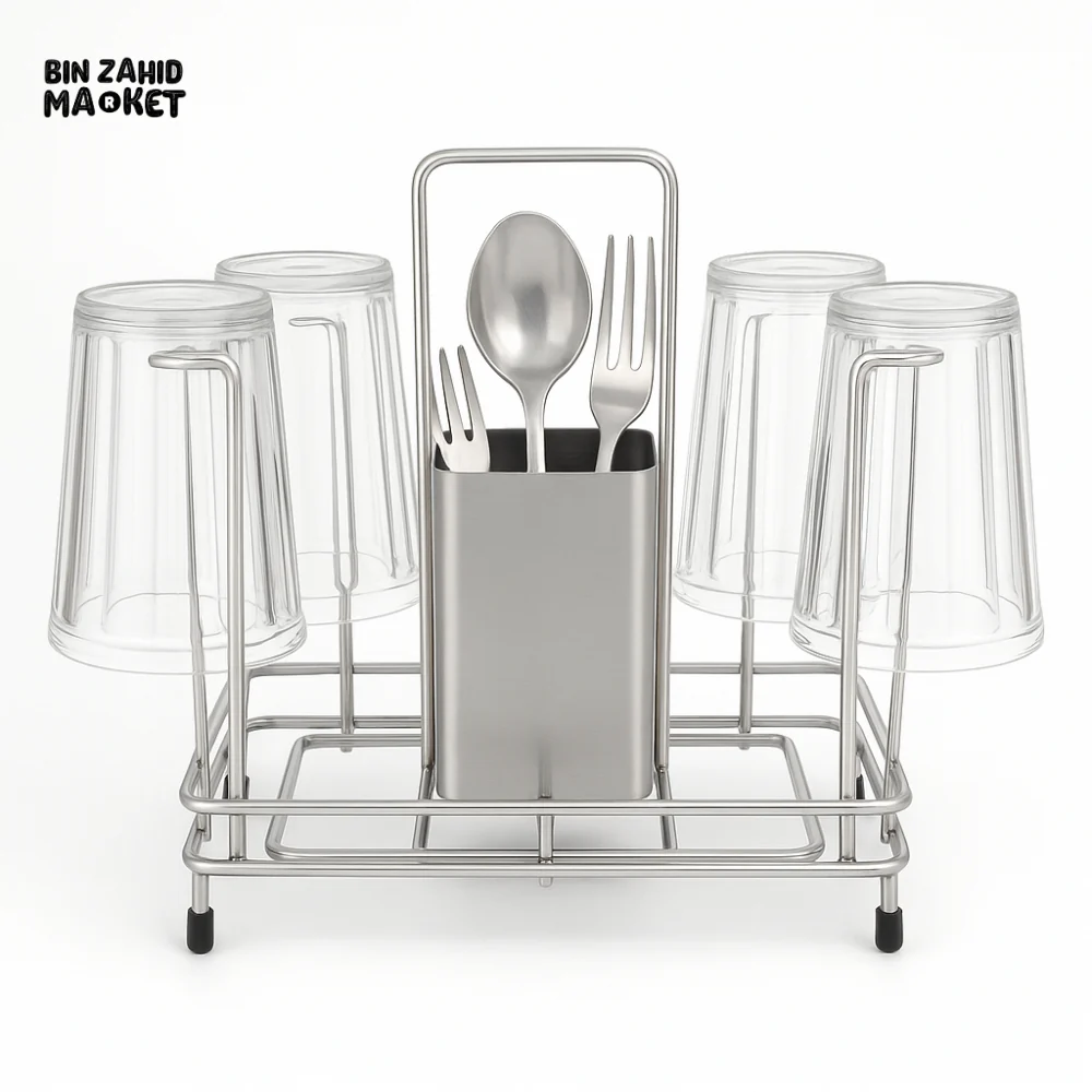 PREMIUM STAINLESS STEEL 6-GLASS & CUTLERY HOLDER STAND - Image 3