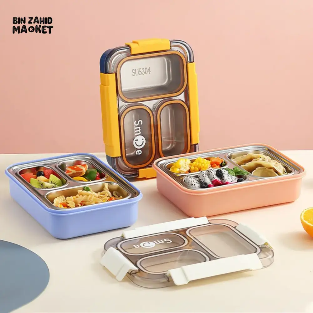 PREMIUM STAINLESS STEEL LUNCH BOX – 3 COMPARTMENTS LEAK-PROOF WITH SECURE LOCK INCLUDES SPOON & FORK - Image 3