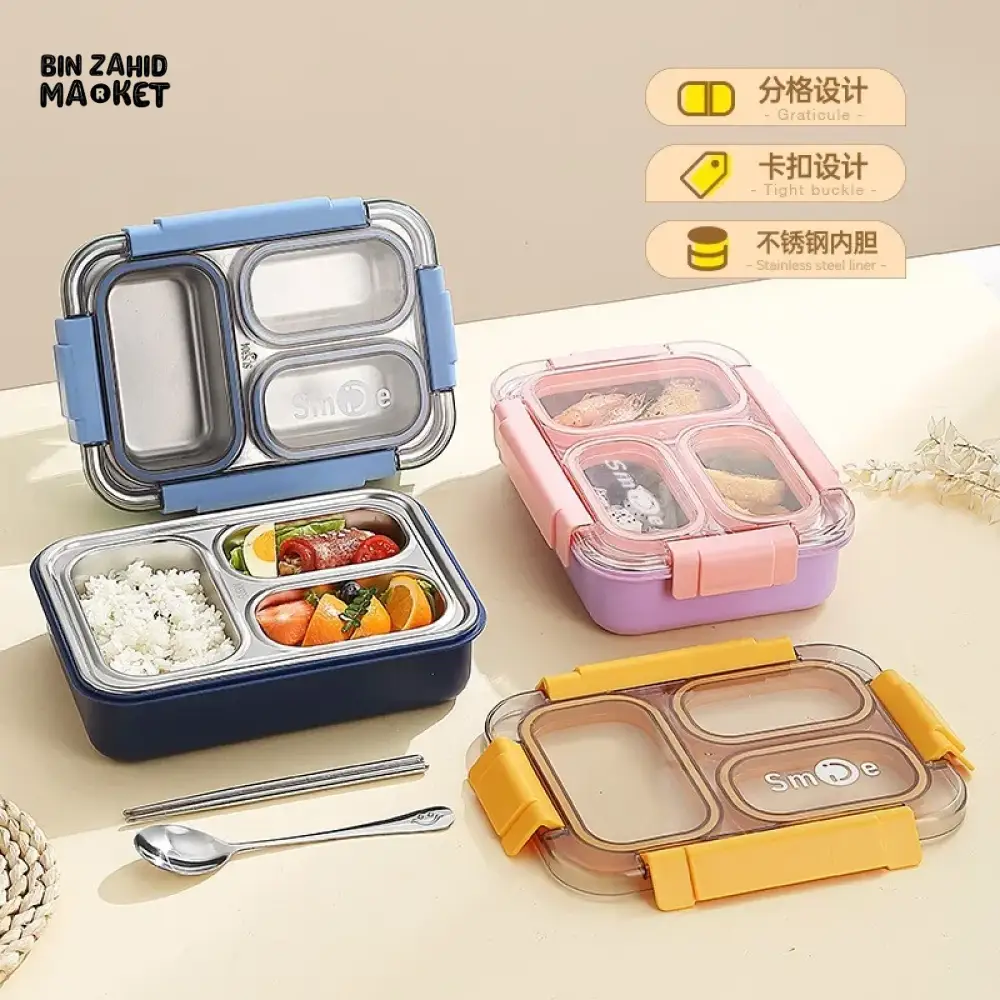 PREMIUM STAINLESS STEEL LUNCH BOX – 3 COMPARTMENTS LEAK-PROOF WITH SECURE LOCK INCLUDES SPOON & FORK - Image 4