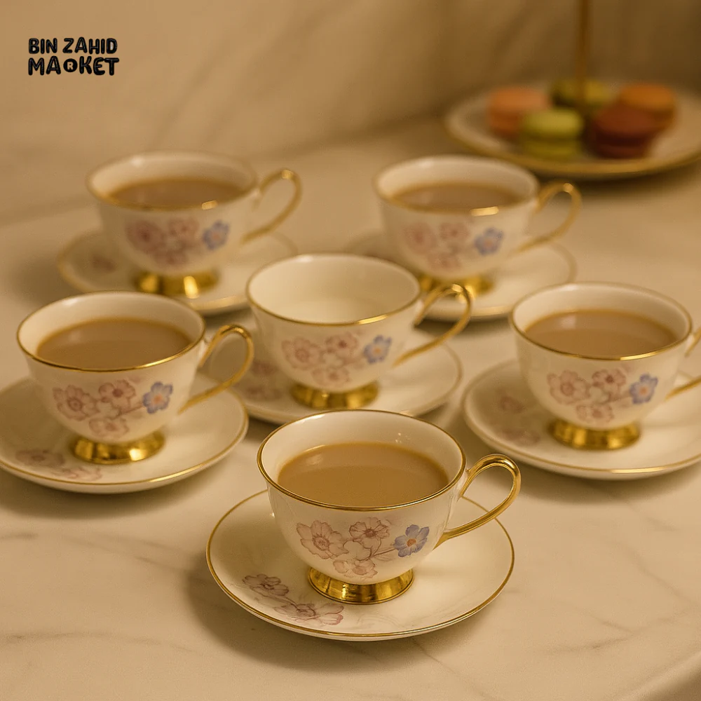 PREMIUM TEA CUPS WITH SAUCERS – FLORAL PATTERN GOLD EDGE – 12-PIECE SET - Image 2