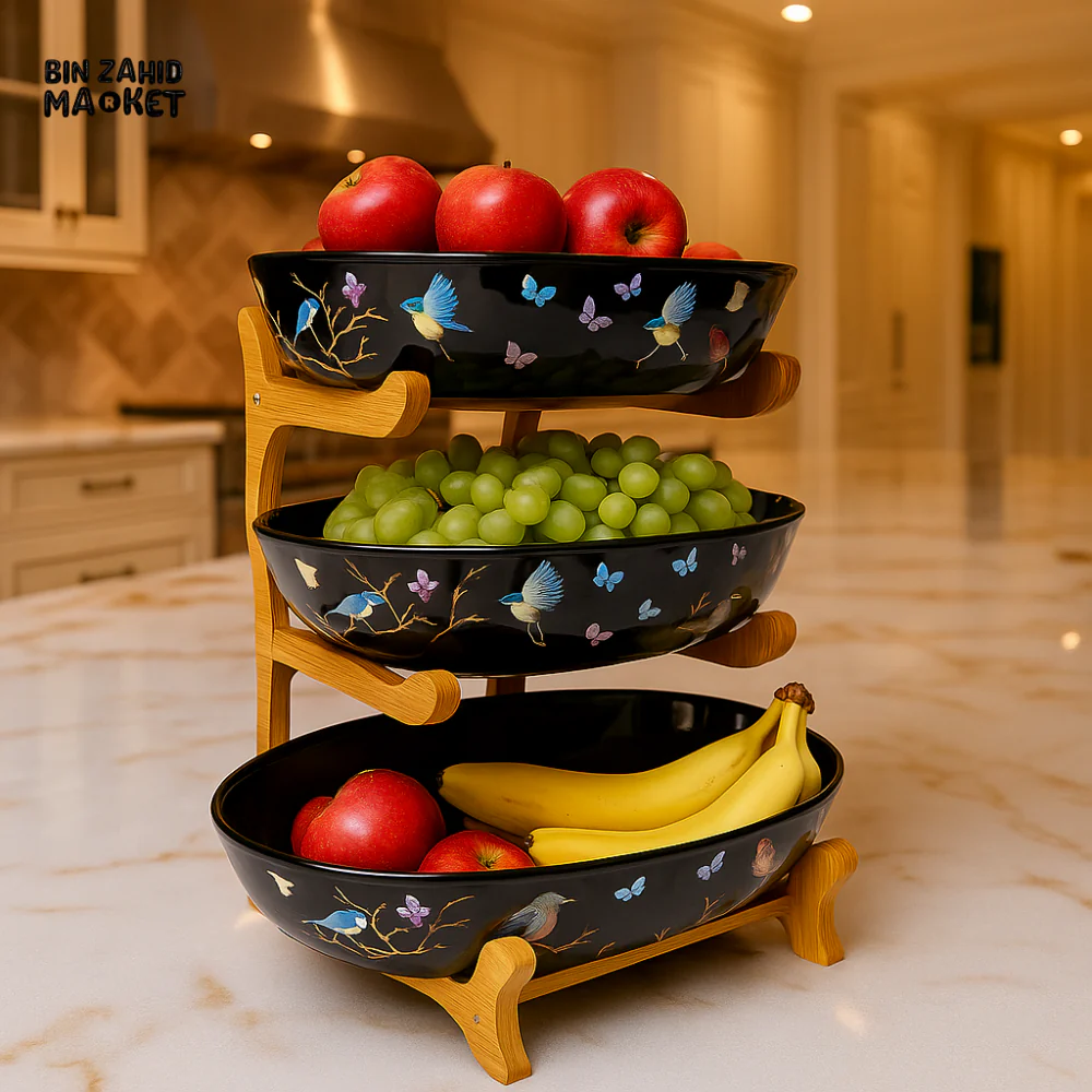 PREMIUM THREE-TIER FRUIT STAND – BLACK CERAMIC BOWLS ON WOOD RACK