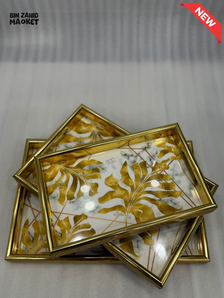 PREMIUM WHITE MARBLE EFFECT TRAYS – GOLD LEAF PATTERN - 3-PIECES SET - Image 2