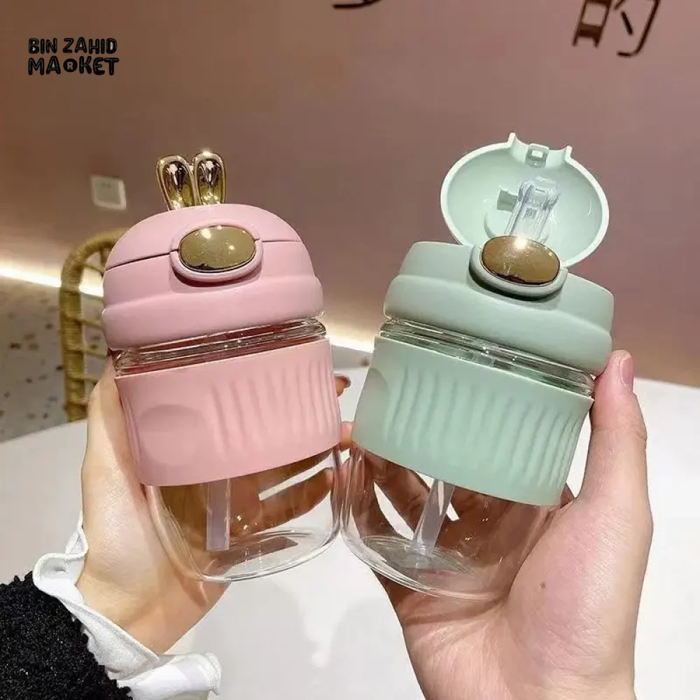 RABBIT DESIGN GLASS STRAW CUP CUTE PORTABLE COFFEE & BEVERAGE CUP GIFT-WORTHY WATER TUMBLER - Image 3