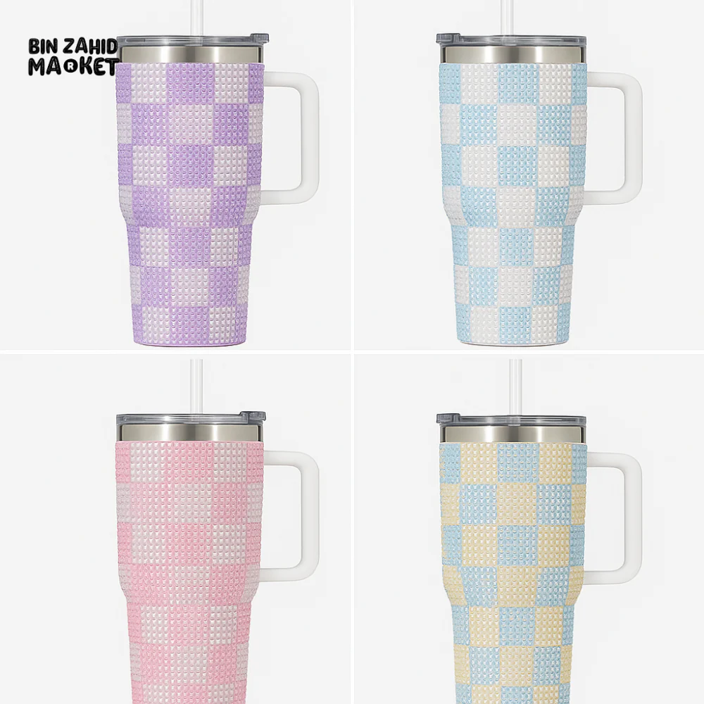 RHINESTONE TUMBLER – 40OZ 1200ML SPARKLING DRINKWARE - CHECKERED WHITE AND BLUE - Image 5
