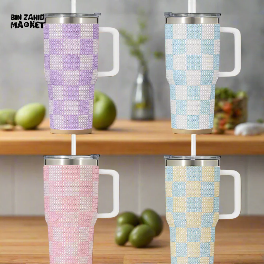 RHINESTONE TUMBLER – 40OZ 1200ML SPARKLING DRINKWARE - CHECKERED WHITE AND PINK - Image 2