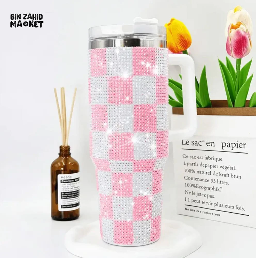RHINESTONE TUMBLER – 40OZ 1200ML SPARKLING DRINKWARE - CHECKERED WHITE AND YELLOW - Image 3