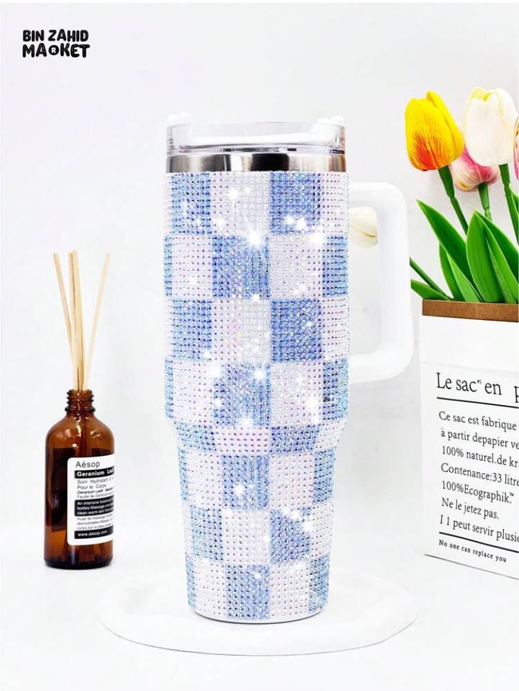 RHINESTONE TUMBLER – 40OZ 1200ML SPARKLING DRINKWARE - CHECKERED WHITE AND YELLOW - Image 4