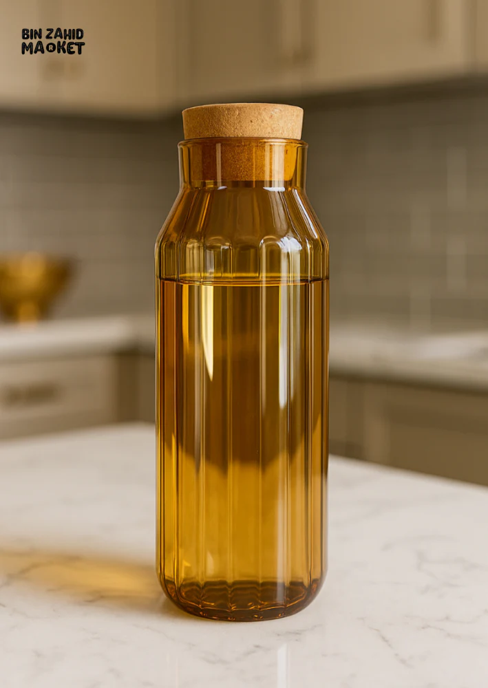 RIBBED GLASS CORK BOTTLE ELEGANT AMBER STORAGE JAR FOR WATER JUICE & KITCHEN DISPLAY - Image 2