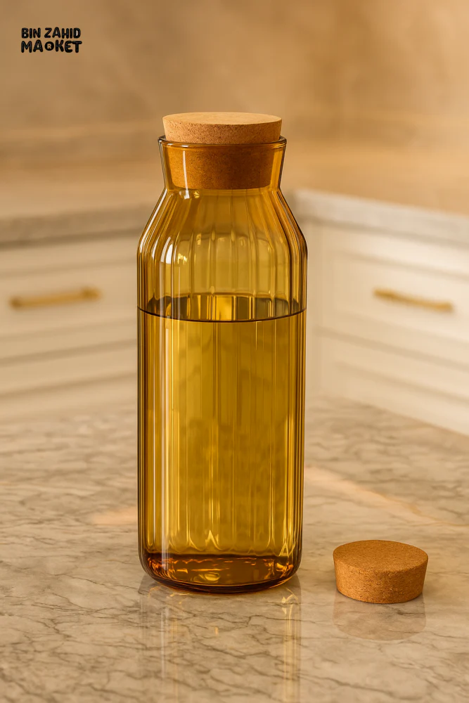 RIBBED GLASS CORK BOTTLE ELEGANT AMBER STORAGE JAR FOR WATER JUICE & KITCHEN DISPLAY - Image 3