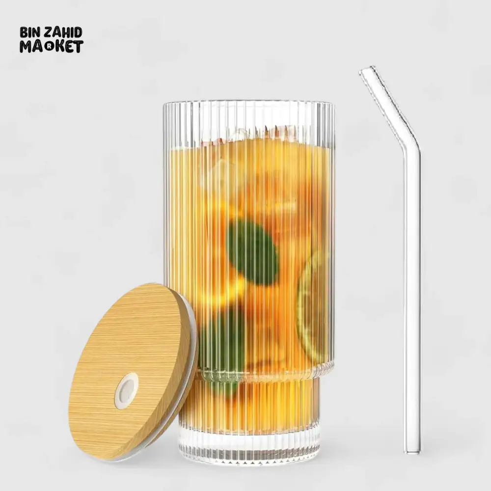 RIBBED TUMBLER WITH LID AND STRAW CLEAR TRANSPARENT DRINKING CUP STYLISH REUSABLE GLASS FOR JUICE COFFEE & TEA - Image 2