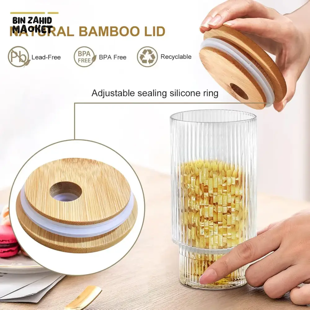 RIBBED TUMBLER WITH LID AND STRAW CLEAR TRANSPARENT DRINKING CUP STYLISH REUSABLE GLASS FOR JUICE COFFEE & TEA - Image 4