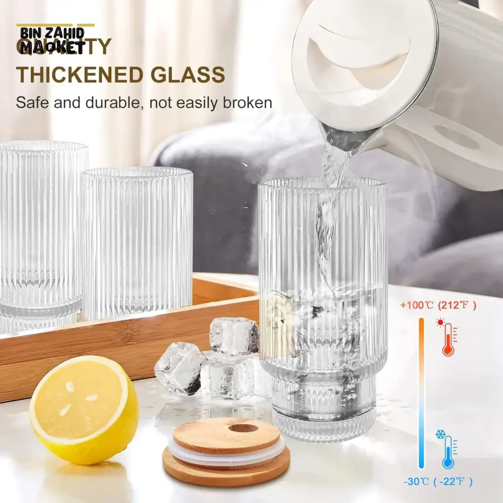 RIBBED TUMBLER WITH LID AND STRAW CLEAR TRANSPARENT DRINKING CUP STYLISH REUSABLE GLASS FOR JUICE COFFEE & TEA - Image 5