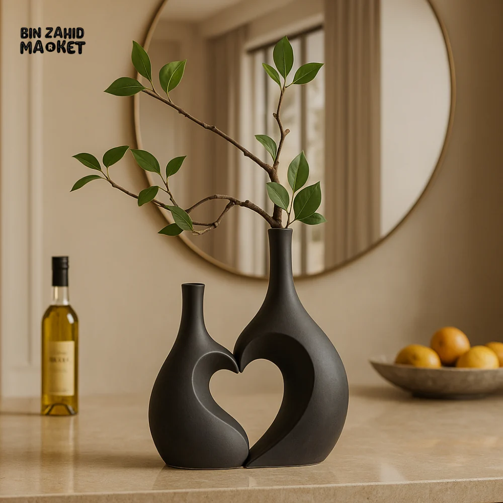 ROMANTIC HEART SHAPED CERAMIC VASE SET  - LUXURY BLACK DECOR COUPLE FIGURINE