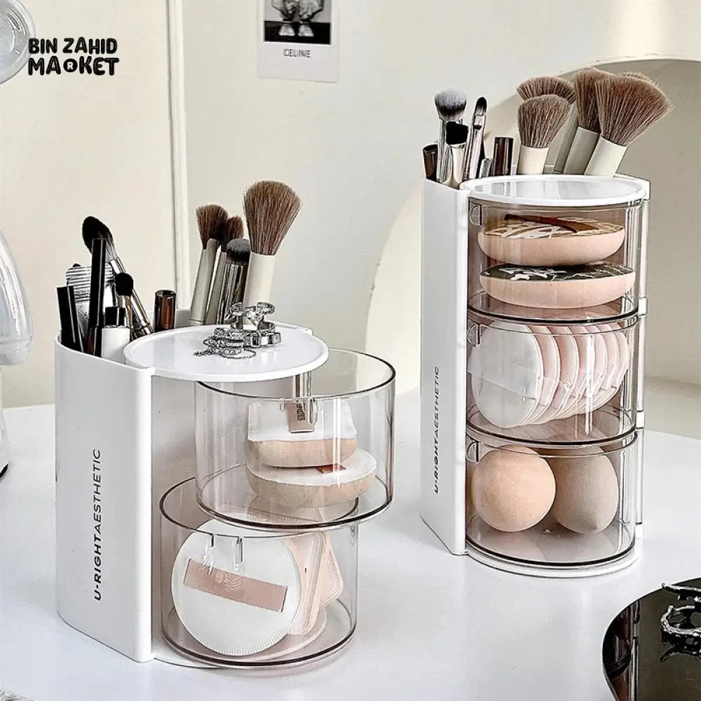 ROTATING COSMETIC STORAGE BOX 3-PARTITION – DUSTPROOF MAKEUP ORGANIZER FOR PUFFS BRUSHES & COTTON PADS - Image 2