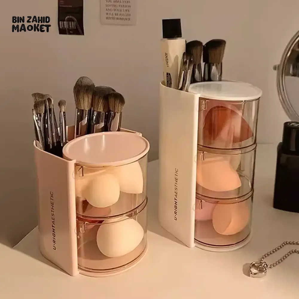 ROTATING COSMETIC STORAGE BOX 3-PARTITION – DUSTPROOF MAKEUP ORGANIZER FOR PUFFS BRUSHES & COTTON PADS - Image 3