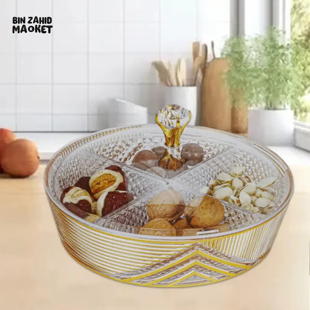 ROUND GILDED ACRYLIC TRAY 4-SECTION DIVIDER WITH CLEAR LID ELEGANT STORAGE & SERVING DISPLAY - Image 2