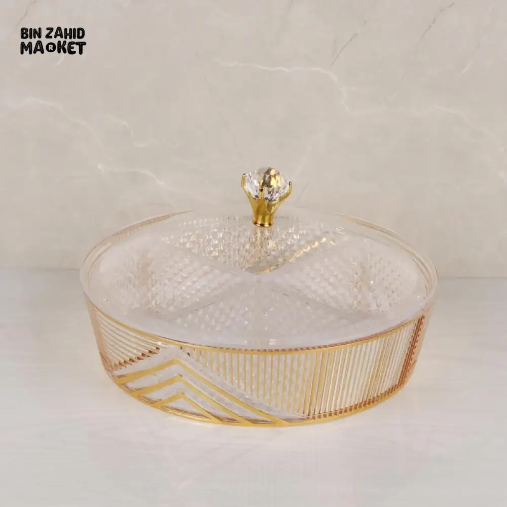 ROUND GILDED ACRYLIC TRAY 4-SECTION DIVIDER WITH CLEAR LID ELEGANT STORAGE & SERVING DISPLAY - Image 3