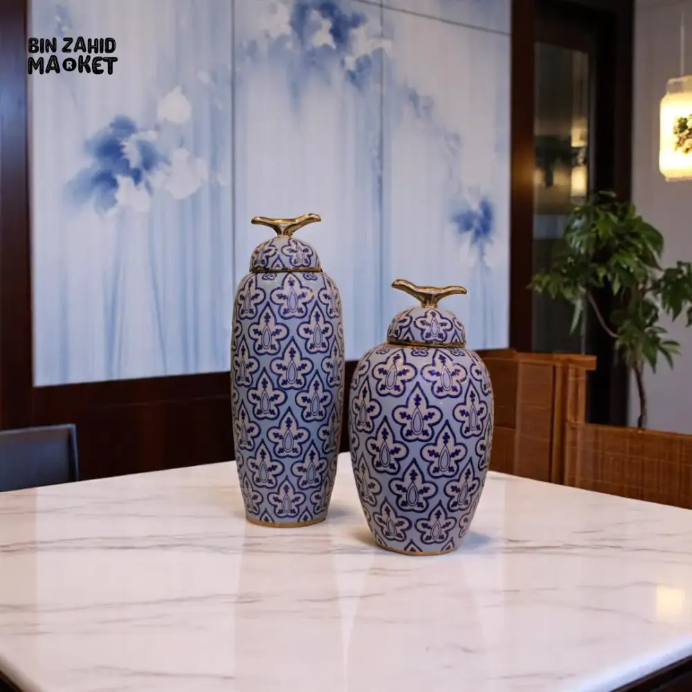 ROYAL BLUE FLORAL CERAMIC VASE SET – GOLDEN FINIAL LID DECOR JARS