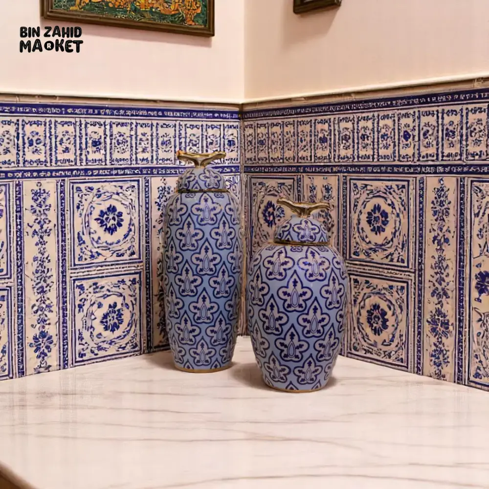 ROYAL BLUE FLORAL CERAMIC VASE SET – GOLDEN FINIAL LID DECOR JARS - Image 2