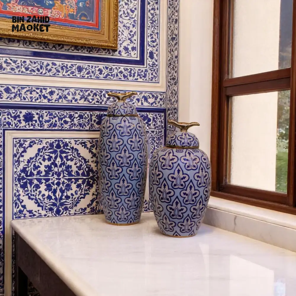 ROYAL BLUE FLORAL CERAMIC VASE SET – GOLDEN FINIAL LID DECOR JARS - Image 3
