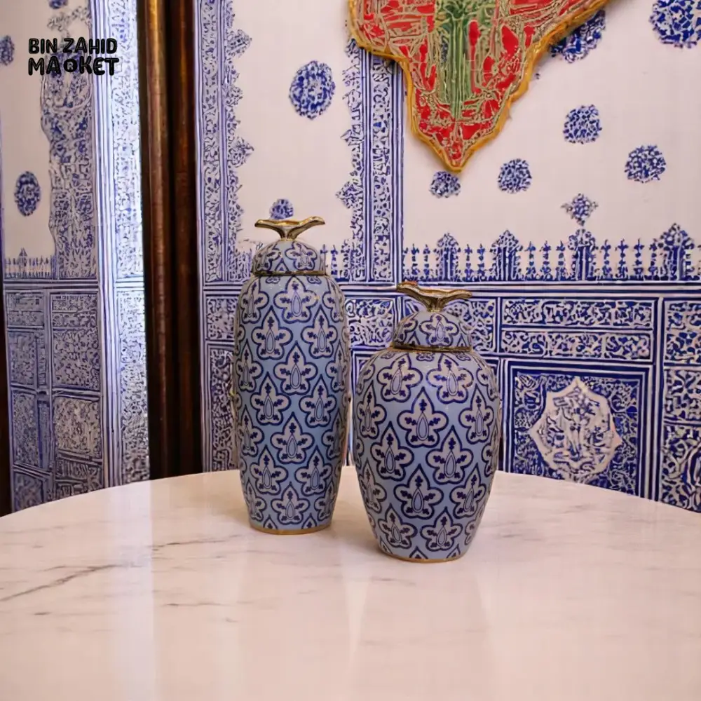 ROYAL BLUE FLORAL CERAMIC VASE SET – GOLDEN FINIAL LID DECOR JARS - Image 4