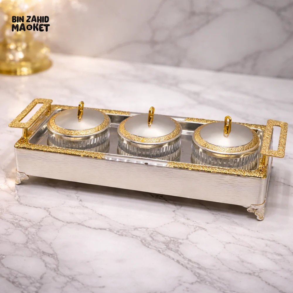 ROYAL GOLD 3-JAR SERVING SET WITH LUXURY TRAY