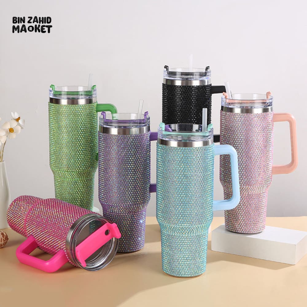 SHINY RHINESTONE 40OZ INSULATED TUMBLER – STAINLESS STEEL LEAK-RESISTANT WITH HANDLE - PURPLE - Image 2