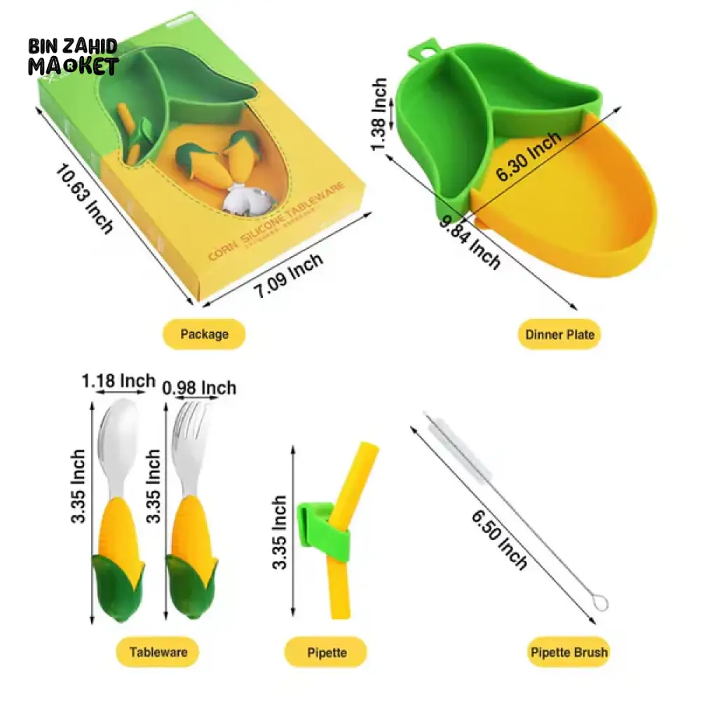 SILICONE SUCTION DIVIDED PLATE SET WITH FORK & SPOON BPA-FREE BABY WEANING & FEEDING TOOL - CORN - Image 4