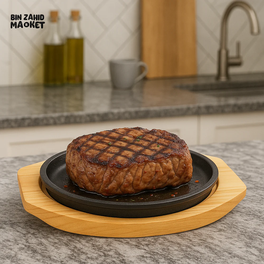 SIZZLER CORNER LINE 20CM PREMIUM CAST IRON STEAK PLATE WITH WOODEN BASE - Image 2