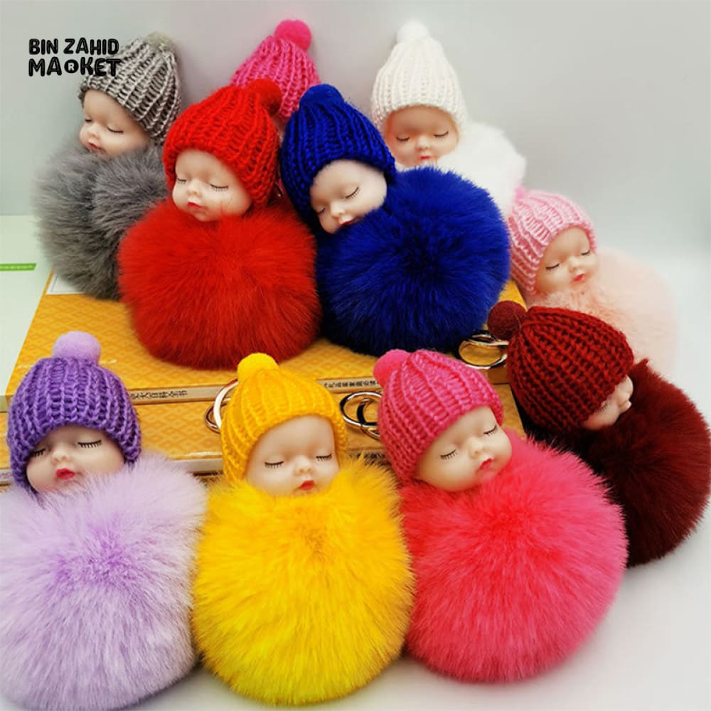 SLEEPING BABY PLUSH KEYRING – FLUFFY BALL BAG CHARM GIFT SW - Image 3