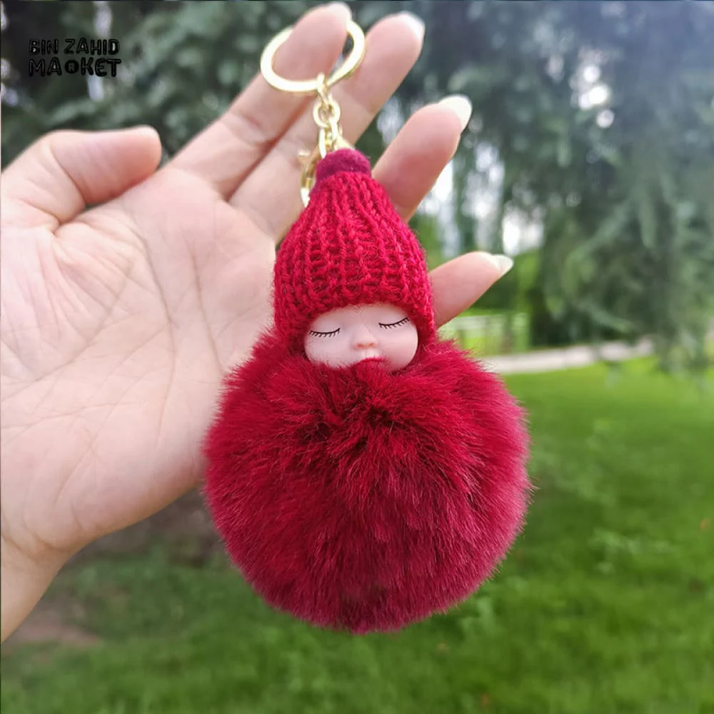 SLEEPING BABY PLUSH KEYRING – FLUFFY BALL BAG CHARM GIFT SW - Image 5