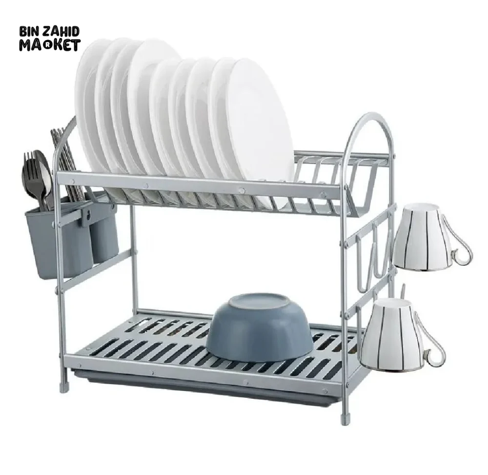 SPACE-SAVING ALUMINIUM 2 TIERS KITCHEN DISH DRAIN RACK – PREMIUM UTENSIL HOLDER - Image 2
