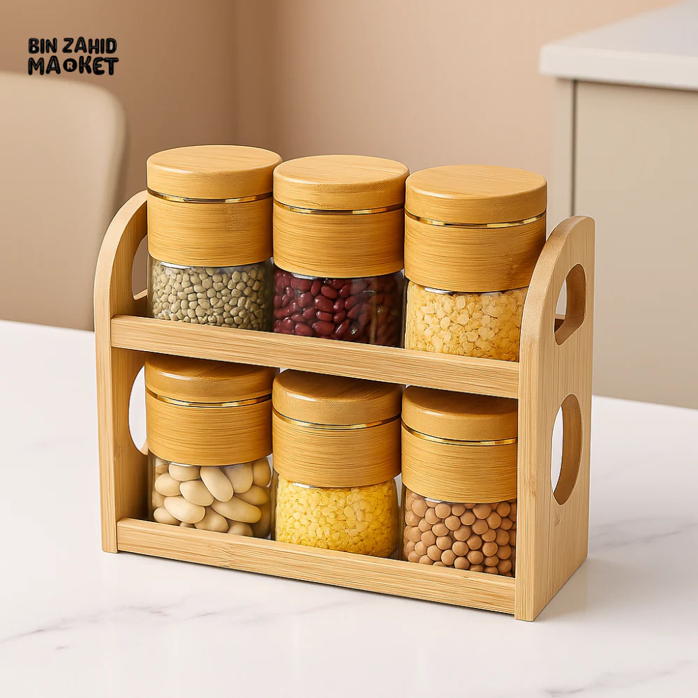 SPICE JAR SET WITH WOODEN RACK 7 PIECES SET – TRANSPARENT SEASONING CONTAINERS WITH BAMBOO LIDS FOR KITCHEN STORAGE & ORGANIZATION