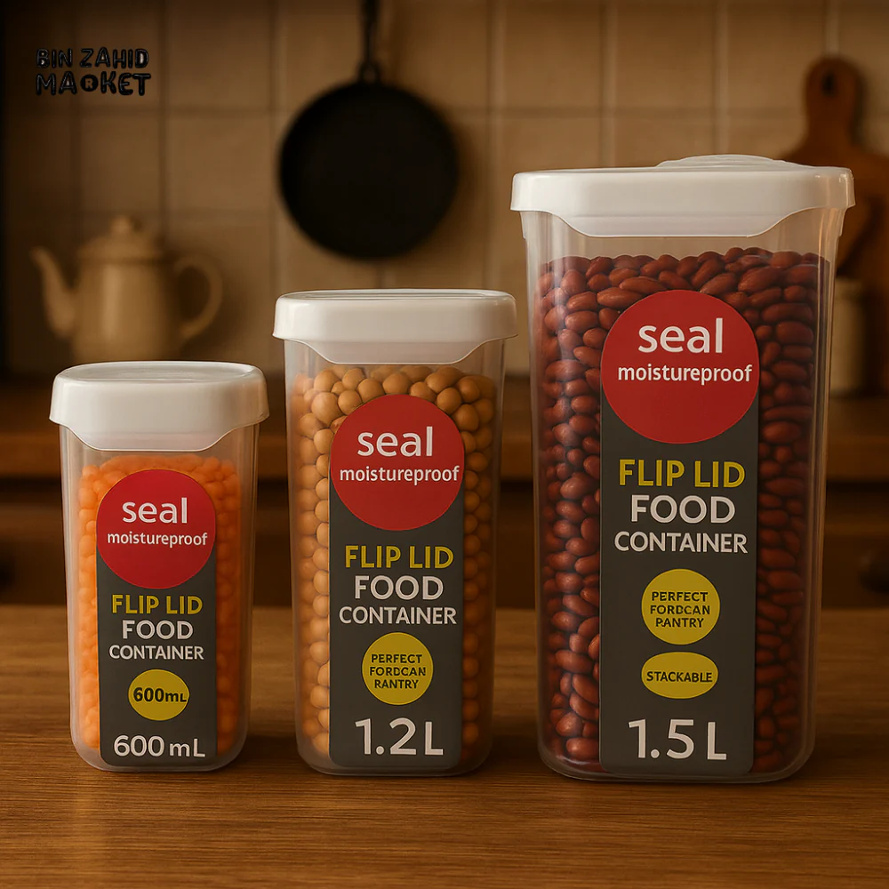 STACKABLE FLIP LID STORAGE PACK OF 3 – AIRTIGHT FOOD CONTAINERS FOR PANTRY & KITCHEN ORGANIZATION