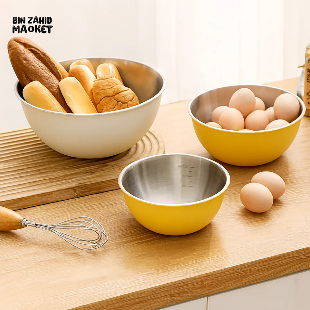 STAINLESS STEEL BAKING & MIXING BOWLS – FOOD-GRADE KITCHEN SET WITH SCALE MARKINGS KOREAN INS STYLE SALAD & EGG BEATING BOWLS FOR HOME USE