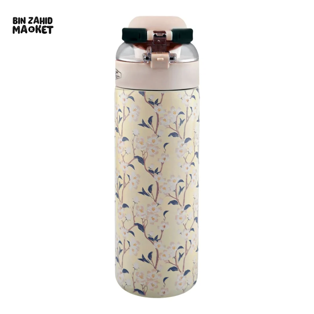 STAINLESS STEEL INSULATED FLOWER PRINT DUAL CAP WATER BOTTLE 700ML - BEIGE - Image 2
