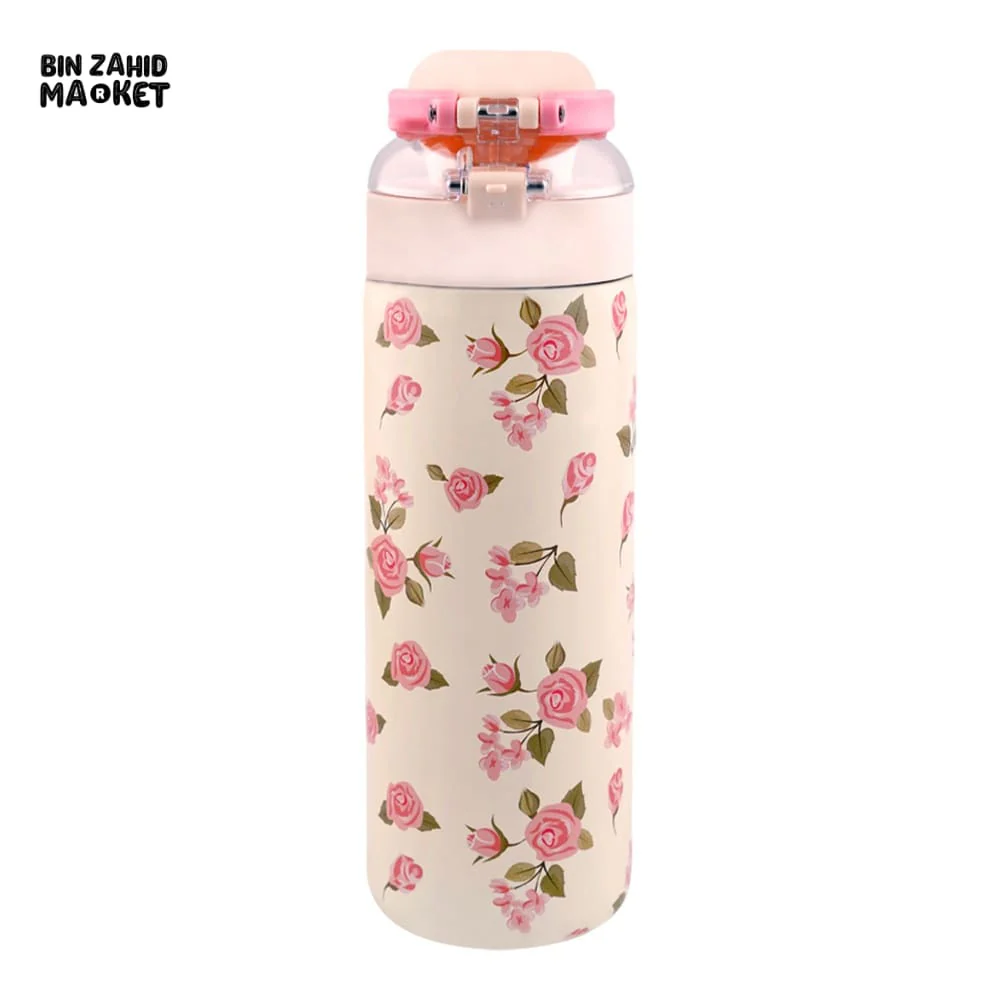 STAINLESS STEEL INSULATED FLOWER PRINT DUAL CAP WATER BOTTLE 700ML - CARAMEL - Image 2